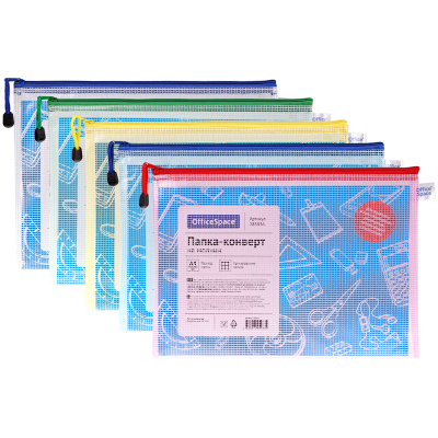 Папка на молнии А4 OfficeSpace 250мкм сетка прозр. ассорти 285836