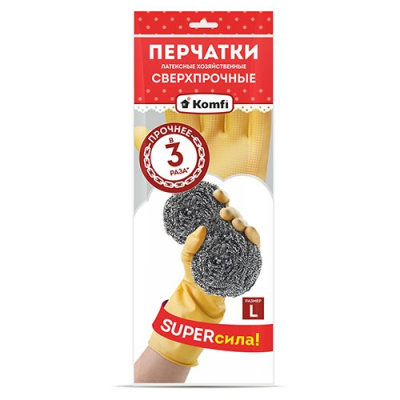 Перчатки хоз. латексные сверхпрочные L/натурал/Komfi